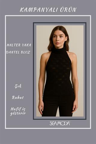 Halter Yaka Balıkçı Hafif Transparan Dar Fit Kolsuz Bluz-SİYAH