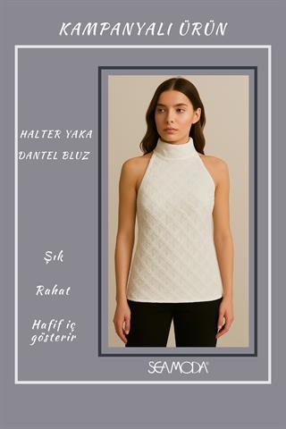Halter Yaka Balıkçı Hafif Transparan Dar Fit Kolsuz Bluz-BEYAZ