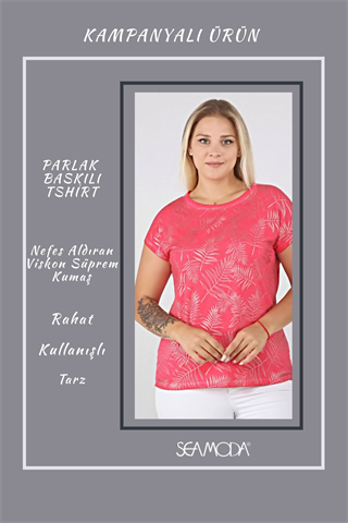 Parlak Yaprak Baskılı Tshirt-FUSYA