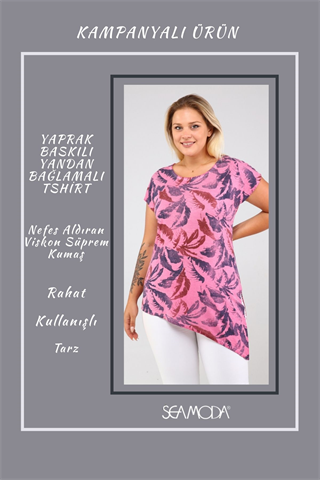 Yaprak Desenli Yandan Bağlamalı Yağ Yıkamalı Tunik-PEMBE