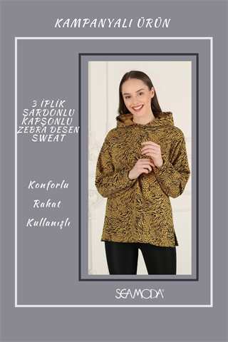 Zebra Desen Kapşonlu Yırtmaçlı Ribana Sweat-HARDAL
