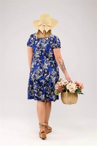 Çiçek  Desenli Etek Ucu Fırfırlı Kısa Kol Elbise-MAVİ
