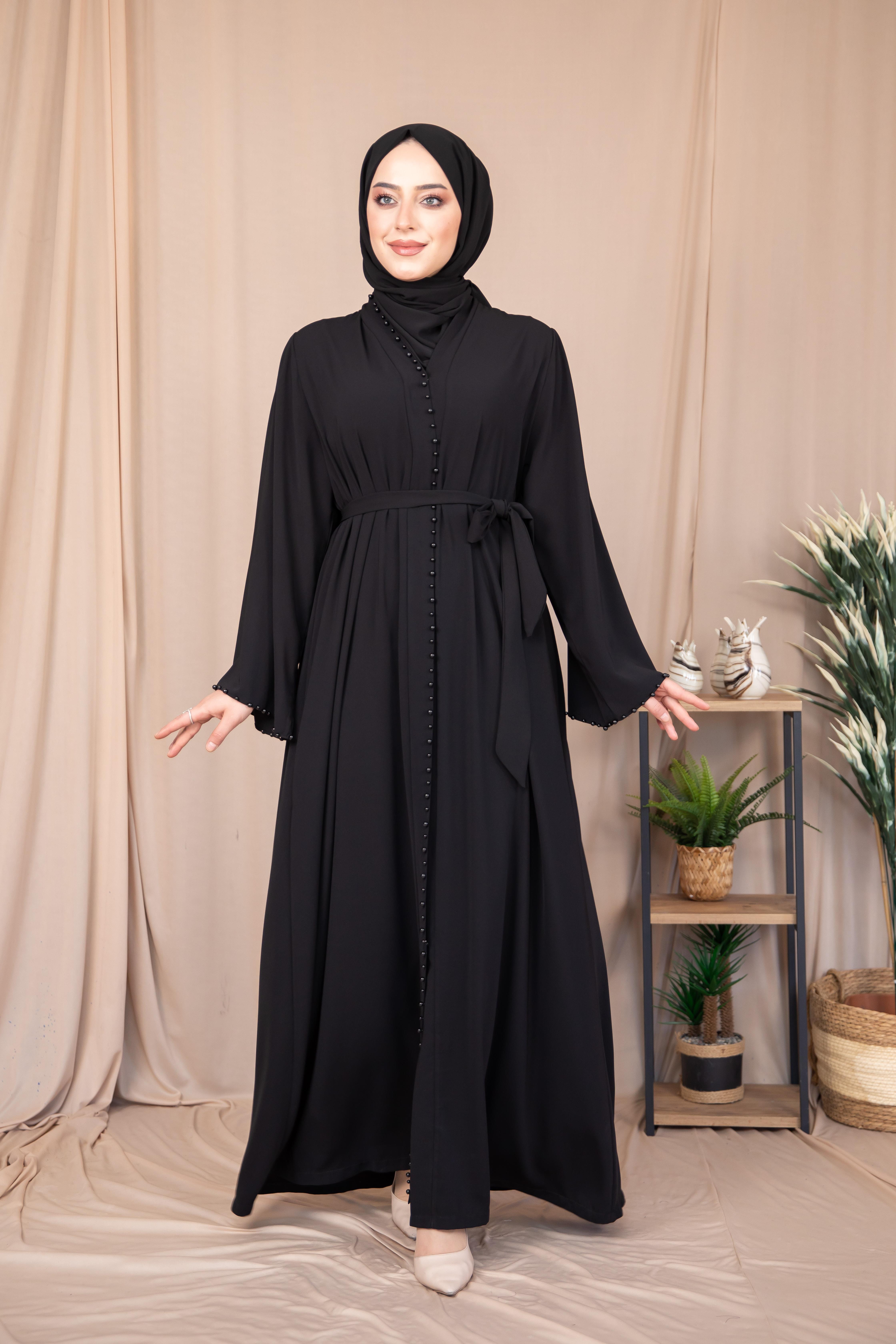 İnci Şeritli Abaya - Siyah