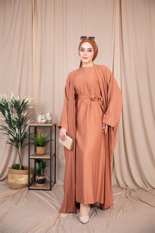 2'li Takım Keten Abaya - Taba