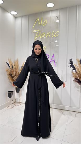 İnci Şeritli Abaya- Siyah