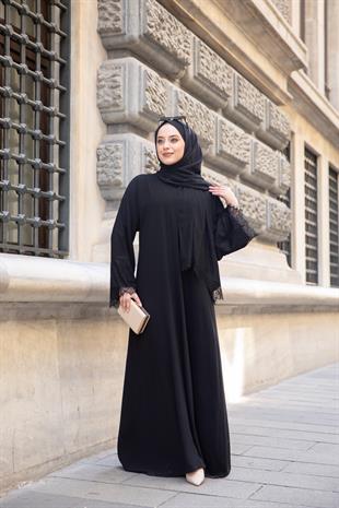 Kolu Güpürlü Abaya - Siyah 