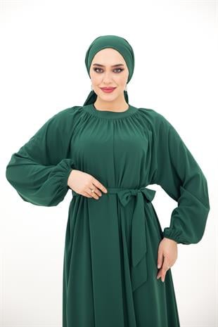Yaka Büzgülü Elbise - Çimen Yeşili