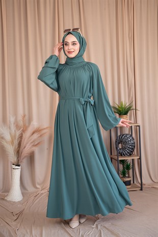 Yaka Büzgülü Elbise - Mint Yeşili 