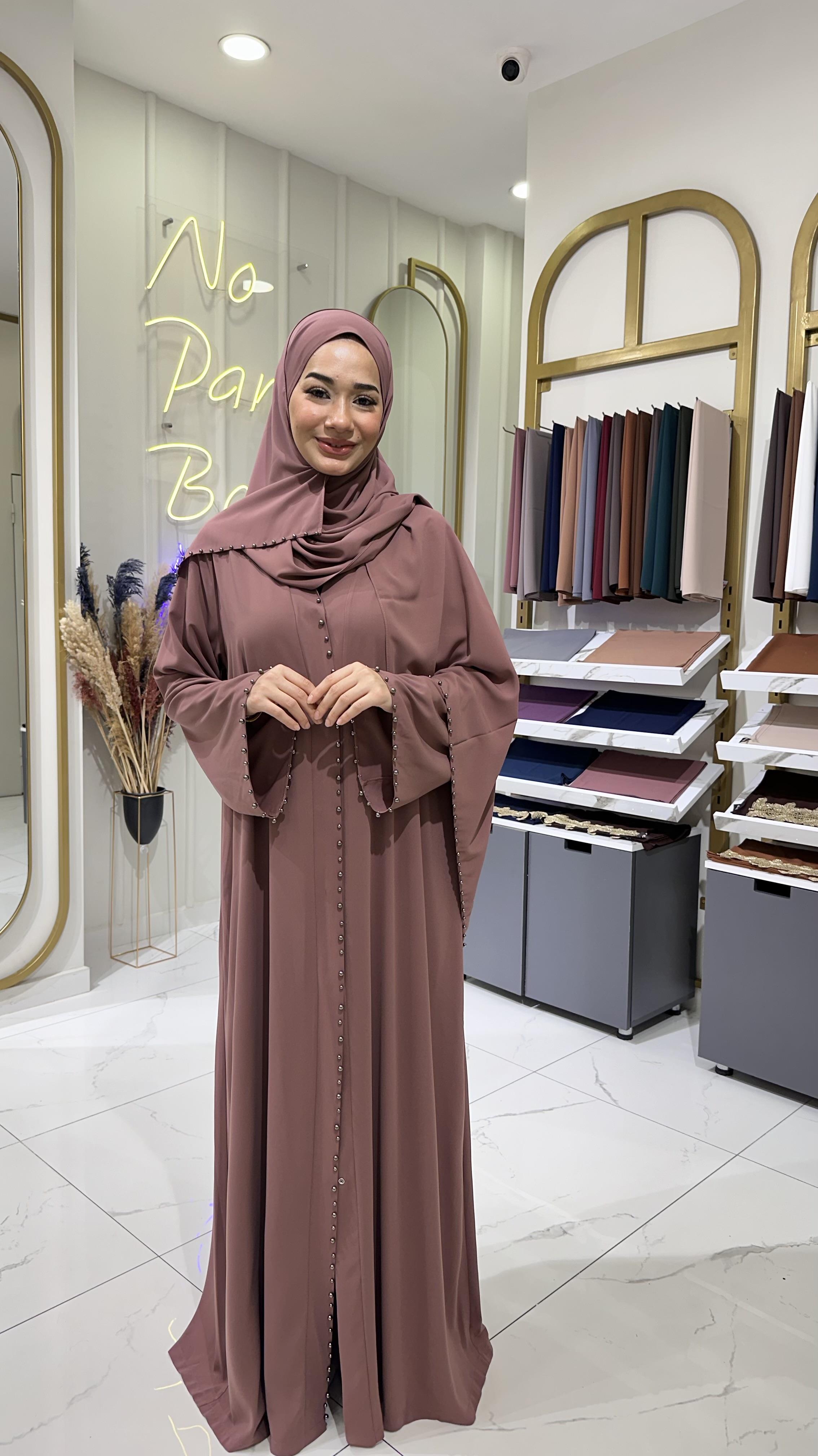İnci Şerit Abaya Gül Kurusu
