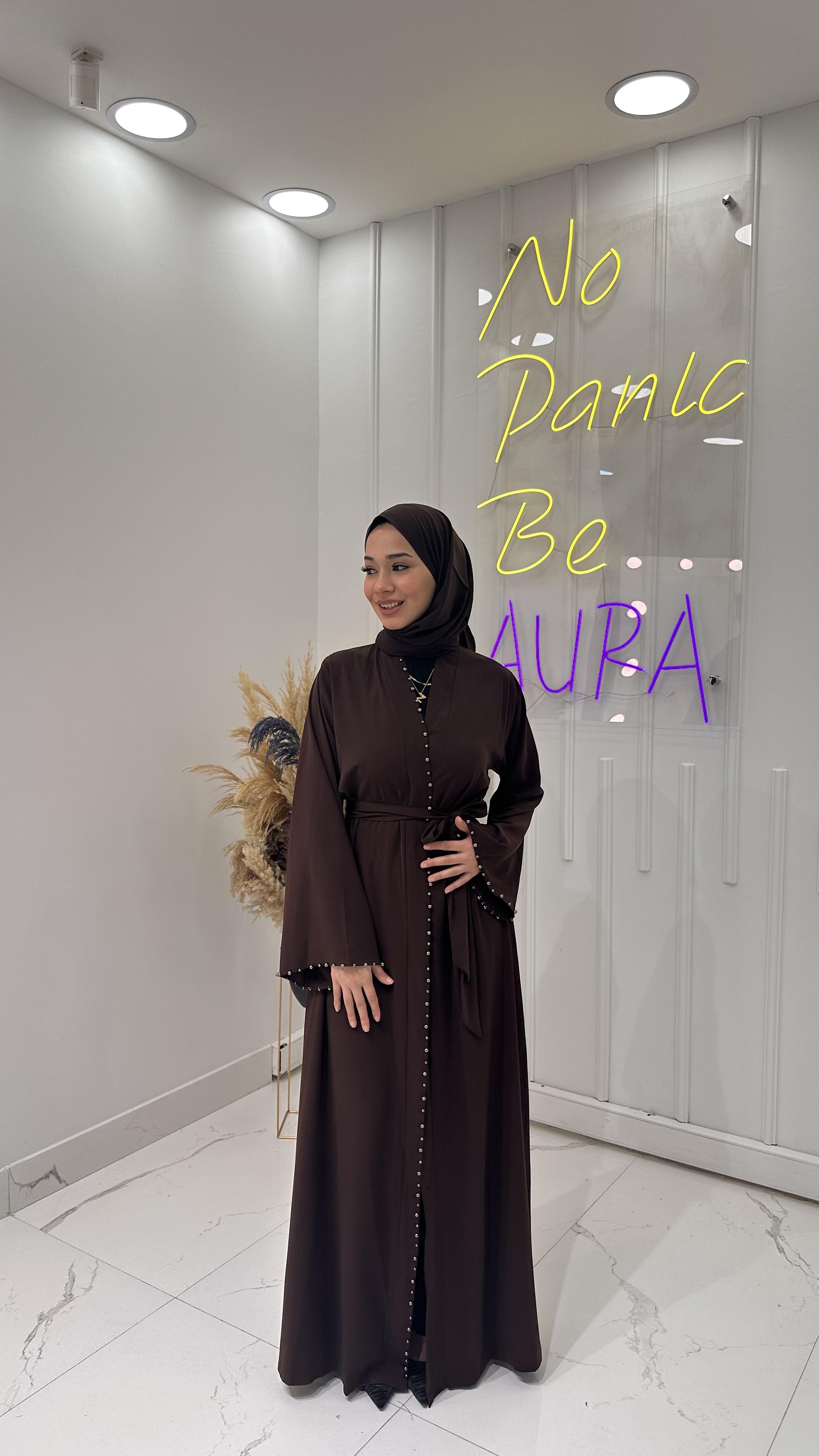 İnci Şeritli Abaya-Acı Kahve