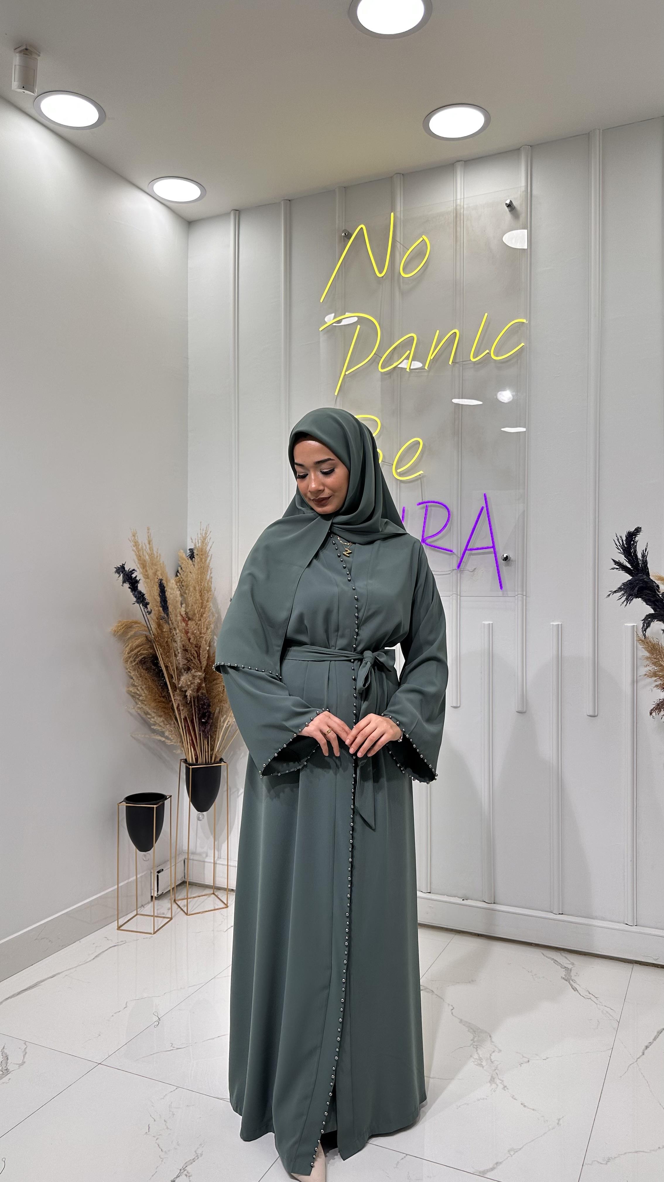 İnci Şeritli Abaya - Su Yeşili 