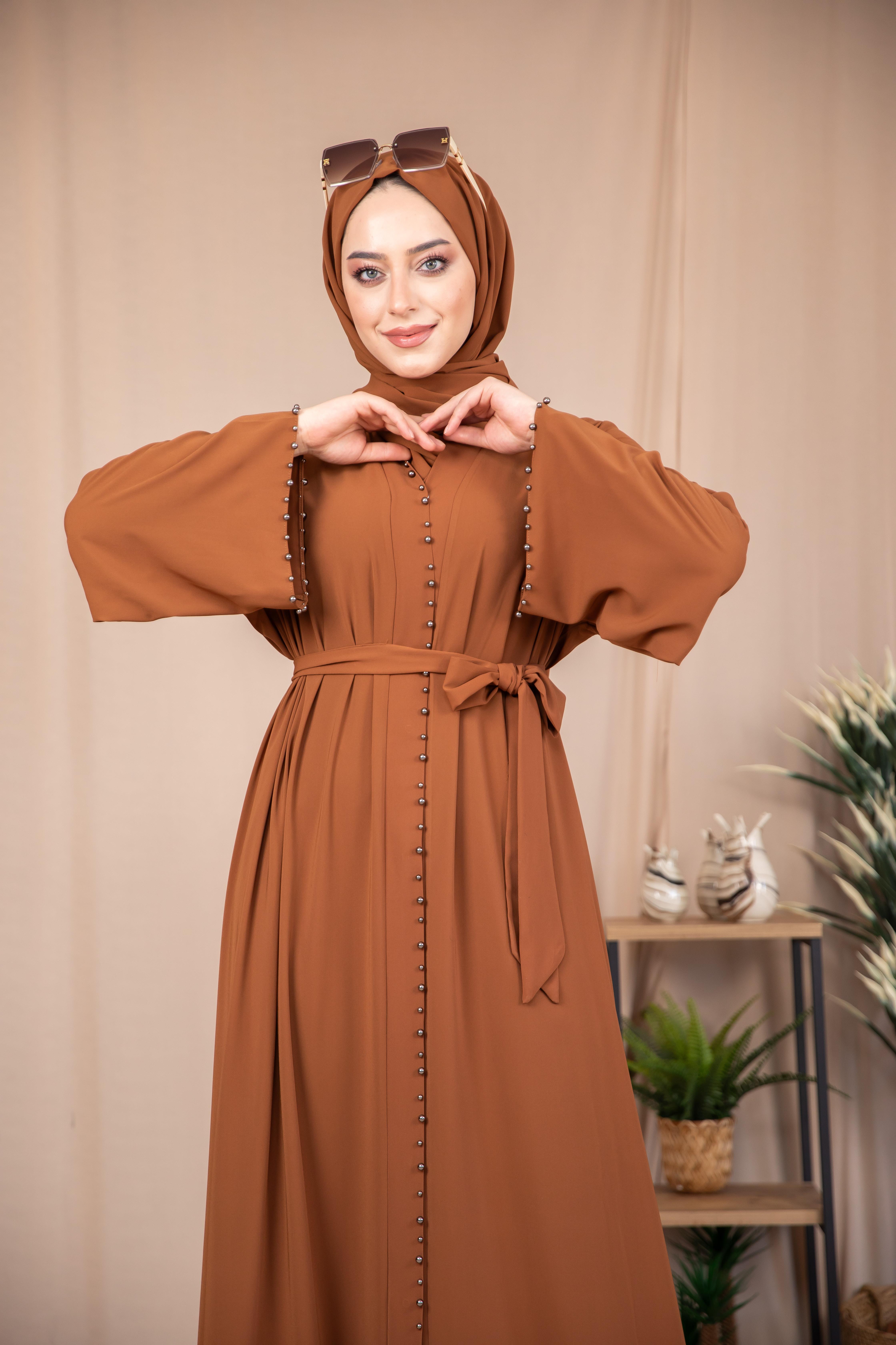 İnci Şeritli Abaya - Taba