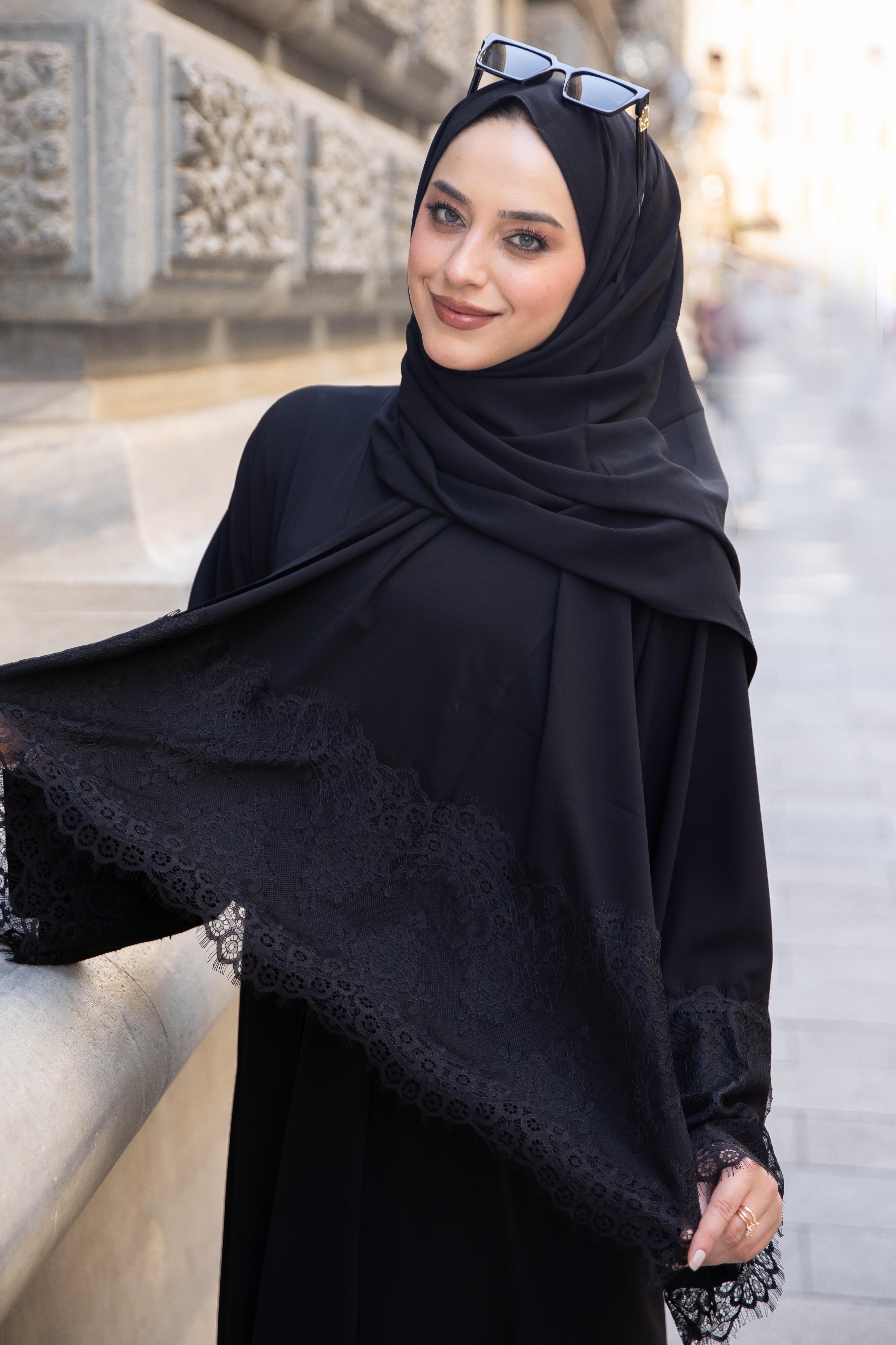 Kolu Güpürlü Abaya - Siyah 