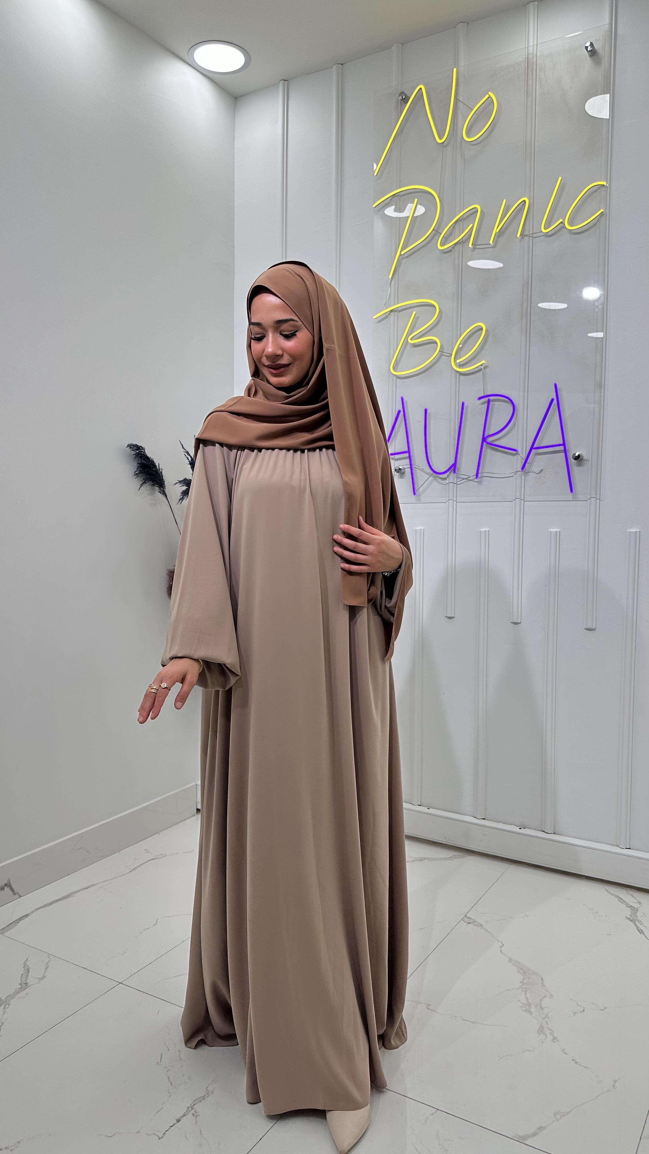 Yaka Büzgülü Elbise - Bej 