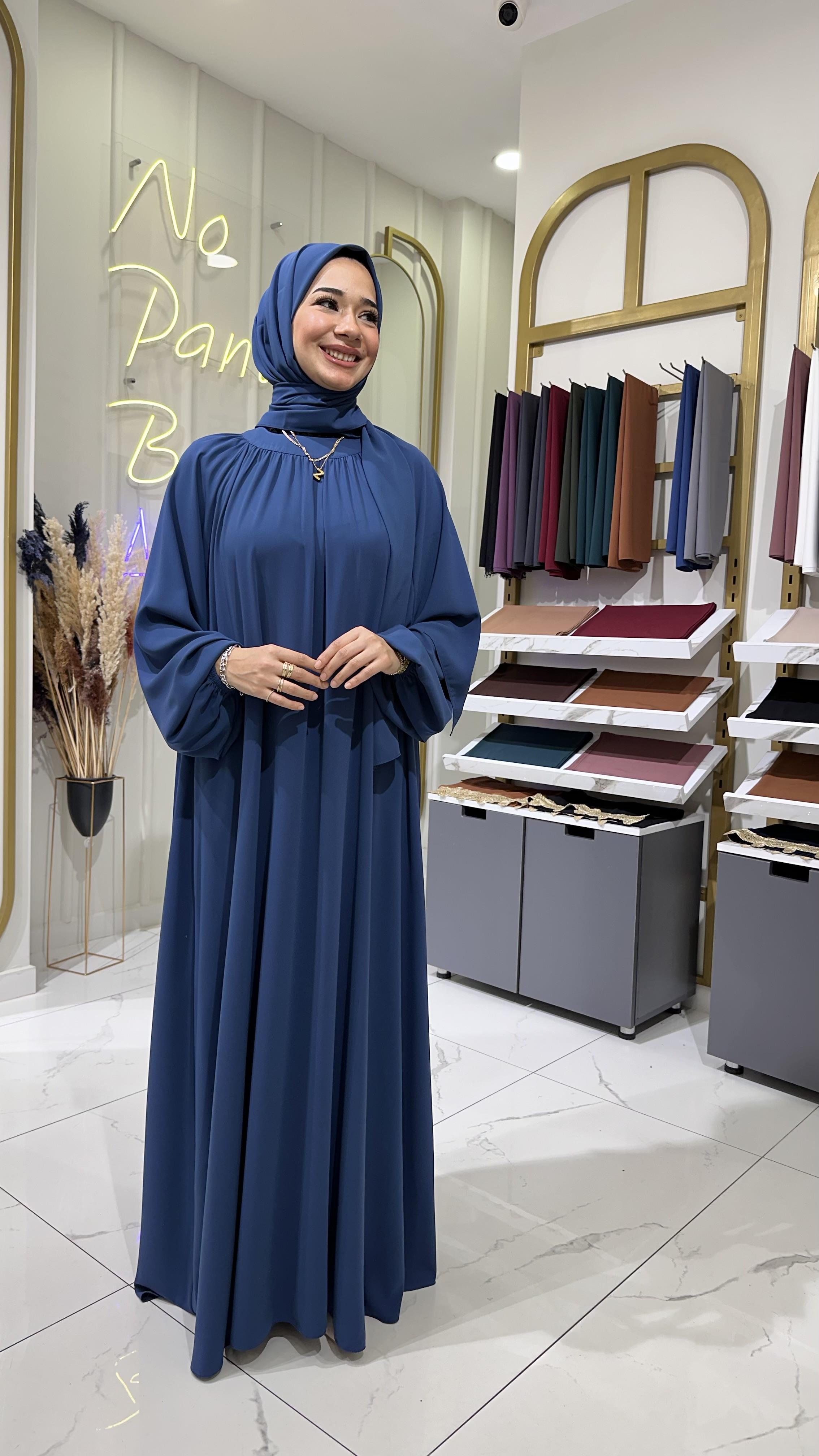 Yaka büzgülü elbise indigo 