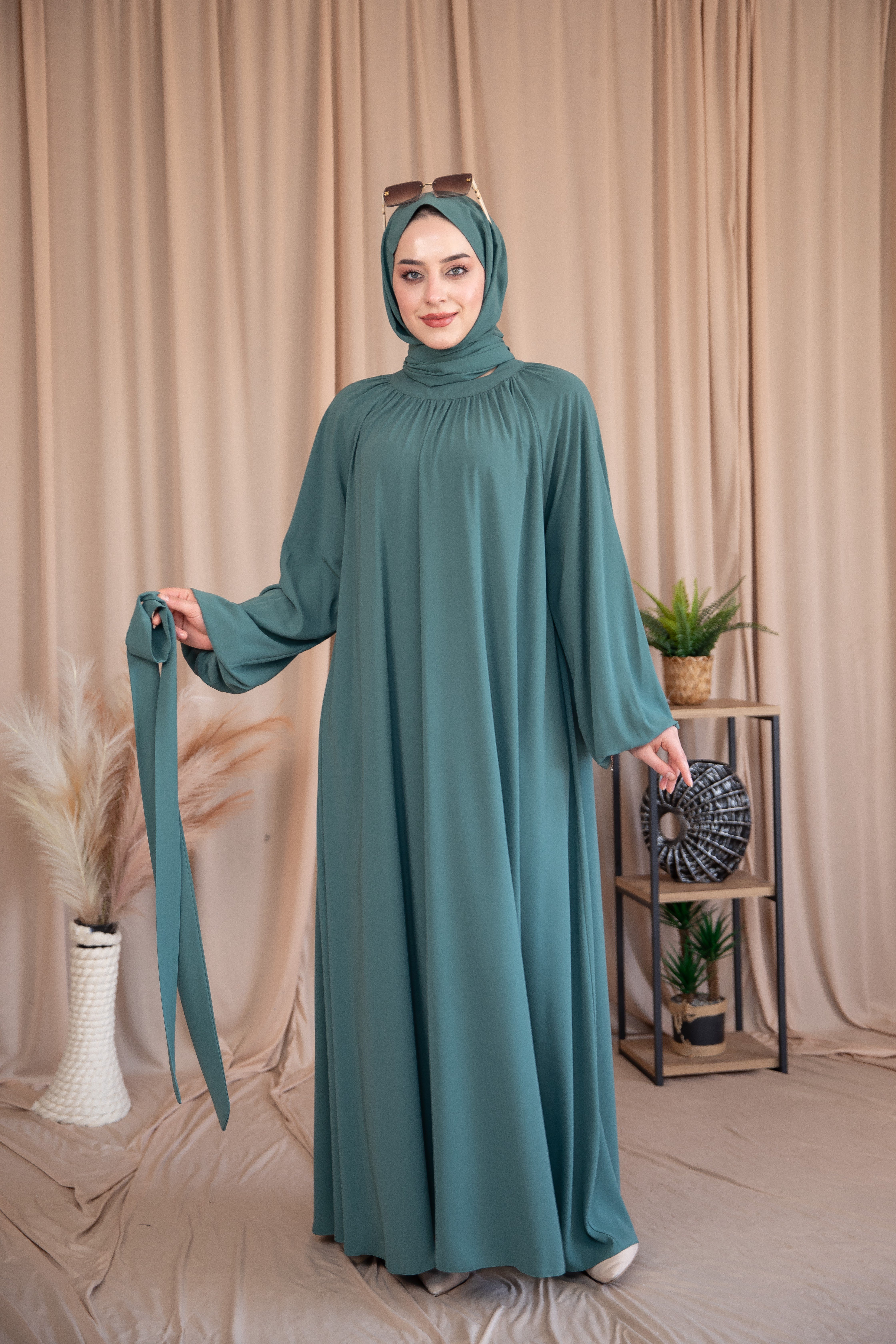 Yaka Büzgülü Elbise - Mint Yeşili 