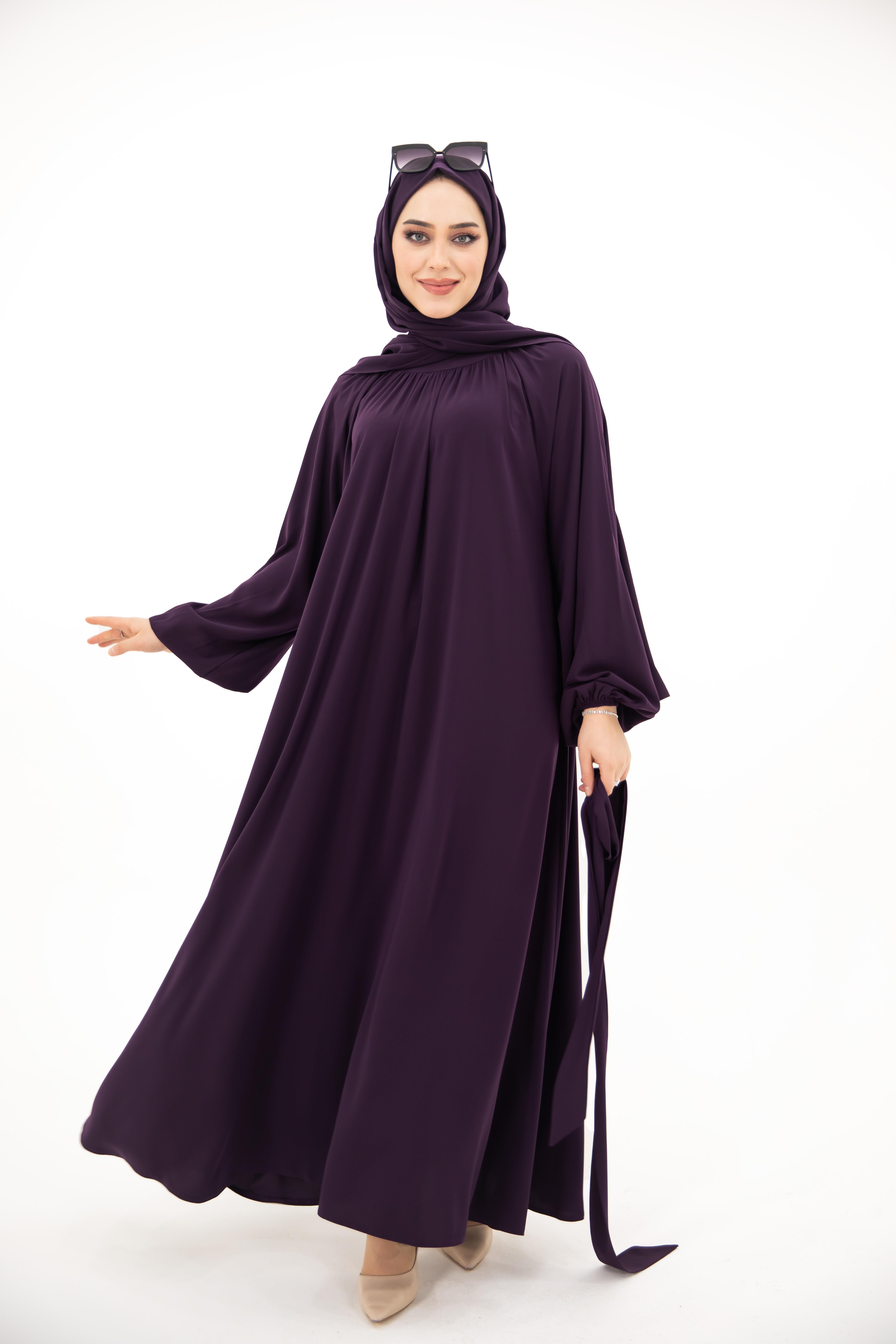 Yaka Büzgülü Elbise - Mürdüm