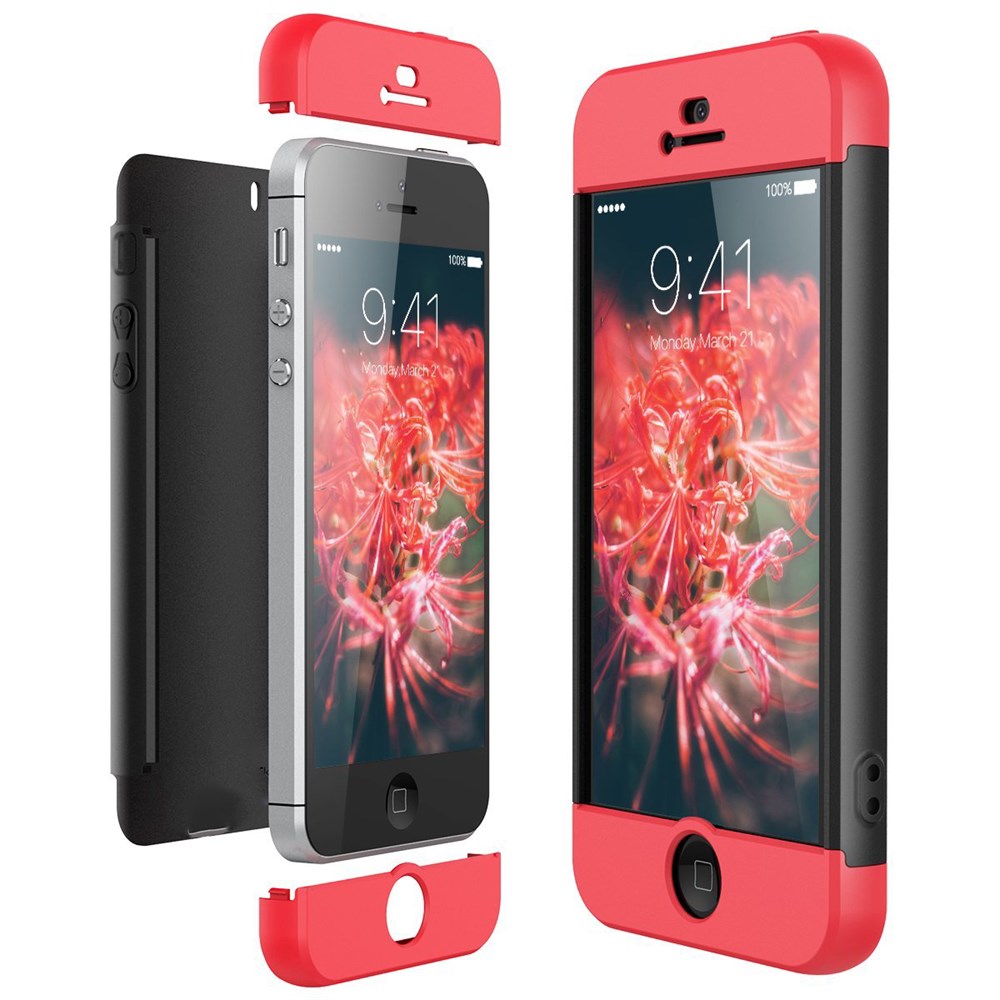 Apple iPhone 5 5S 360 Tam Koruma 3 Parça Siyah Kırmızı Siyah Rubber Kılıf |  Ücretsiz Kargo