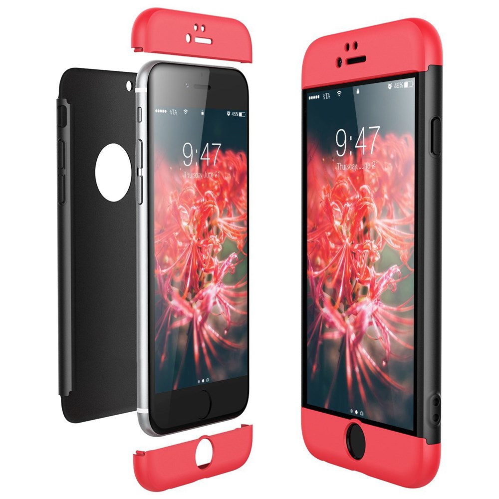 Apple iPhone 6 Plus 6S Plus 360 Tam Koruma 3 Parça Siyah Kırmızı Siyah  Rubber Kılıf | Ücretsiz Kargo