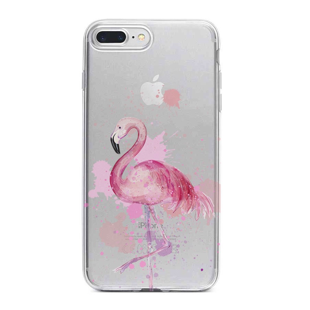Apple iPhone 7 Plus Desenli Silikon Resimli Kapak Watercolor Flamingo Kılıf  | Ücretsiz Kargo
