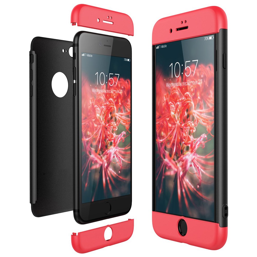 Apple iPhone 8 Plus 360 Tam Koruma 3 Parça Siyah Kırmızı Siyah Rubber Kılıf  | Ücretsiz Kargo