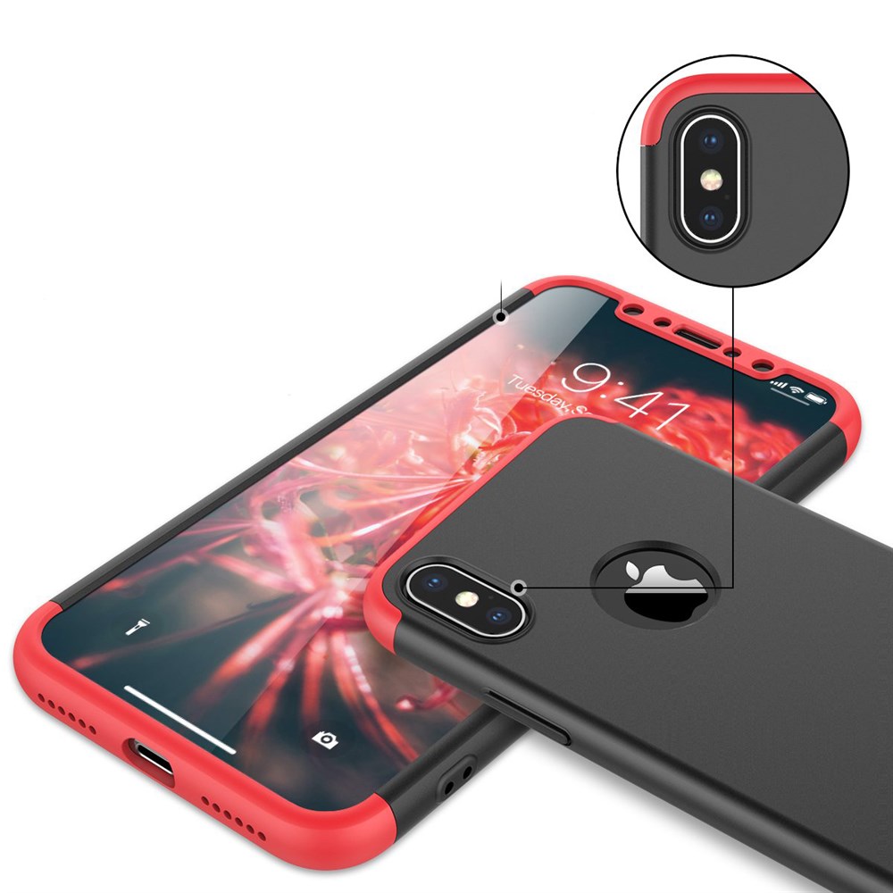 Apple iPhone XS Max 360 Tam Koruma 3 Parça Siyah Kırmızı Siyah Rubber Kılıf  | Ücretsiz Kargo