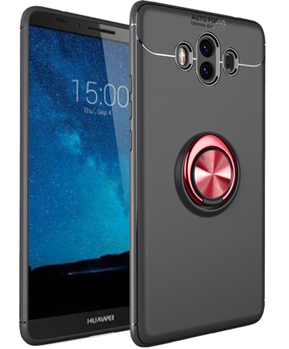 Huawei Mate 10 Pro Standlı Yüzüklü Mıknatıslı Korumalı Siyah-Kırmızı  Silikon Kılıf | Ücretsiz Kargo