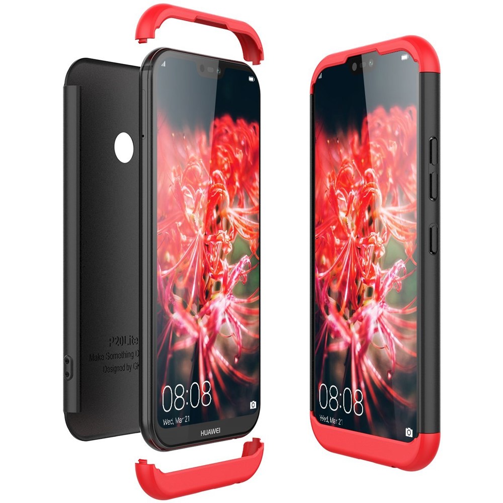 Huawei P20 Lite 360 Tam Koruma 3 Parça Siyah Kırmızı Siyah Rubber Kılıf |  Ücretsiz Kargo
