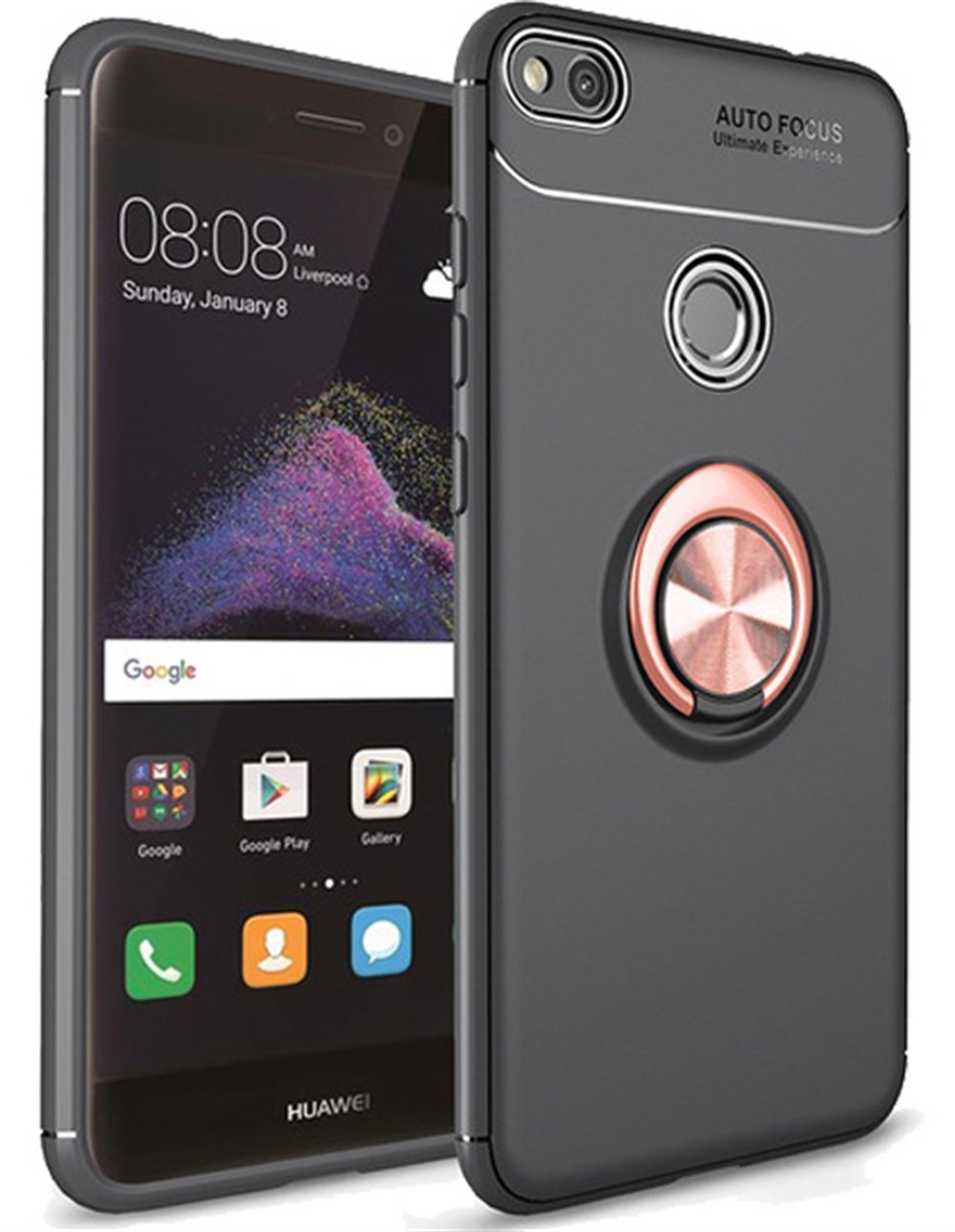 Huawei P9 Lite 2017 Standlı Yüzüklü Mıknatıslı Korumalı Siyah-Pembe Silikon  Kılıf | Ücretsiz Kargo
