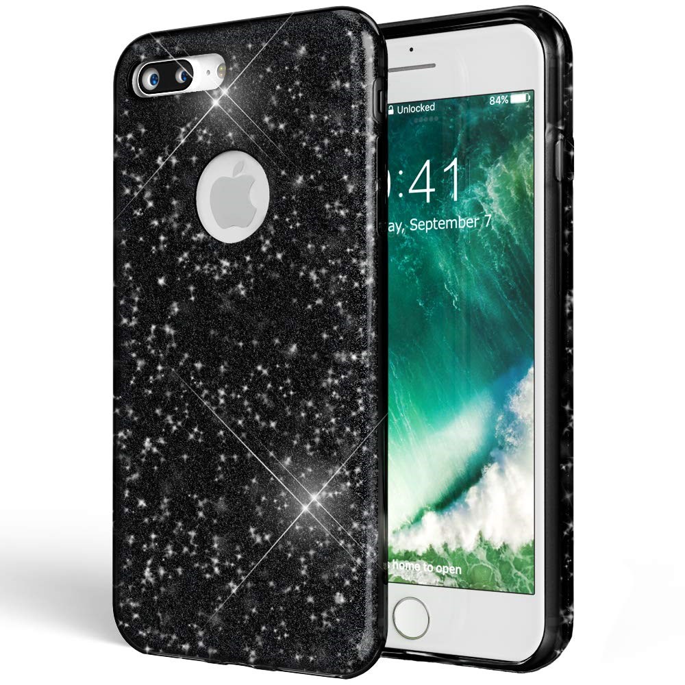 iPhone 7 Plus Parlak Rosy Siyah Simli Silikon Kılıf | Ücretsiz Kargo