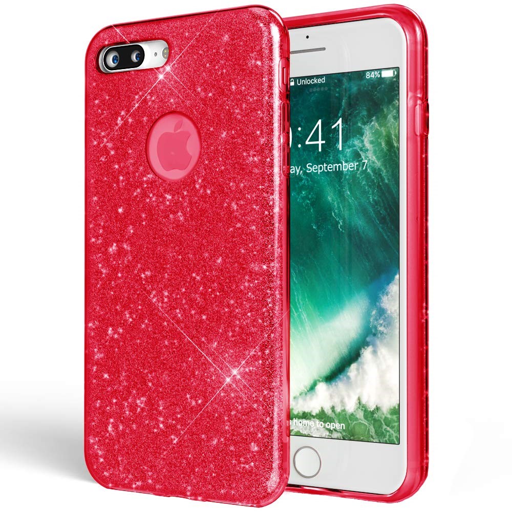 iPhone 7 Plus Parlak Rosy Kırmızı Simli Silikon Kılıf | Ücretsiz Kargo