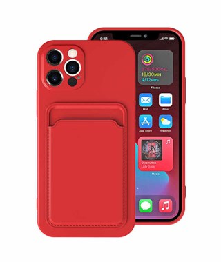 Apple iPhone 12 Pro Max Standlı Kart Bölmeli Silikon Ofi Kılıf Kırmızı