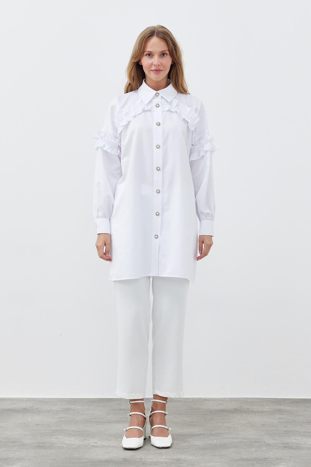 AÇELYA İNCİ DÜĞMELİ GÖMLEK- BEYAZ