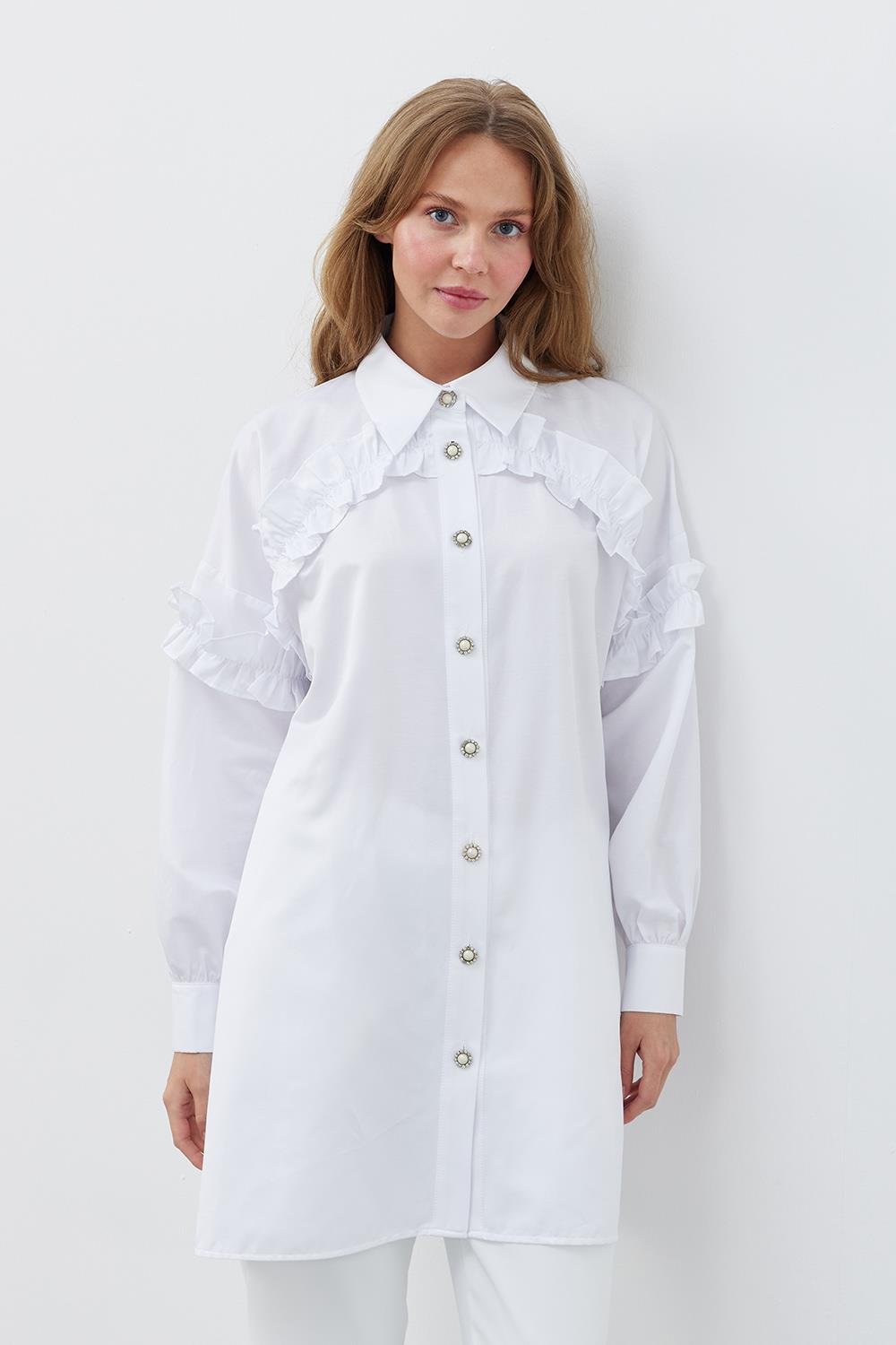 AÇELYA İNCİ DÜĞMELİ GÖMLEK- BEYAZ