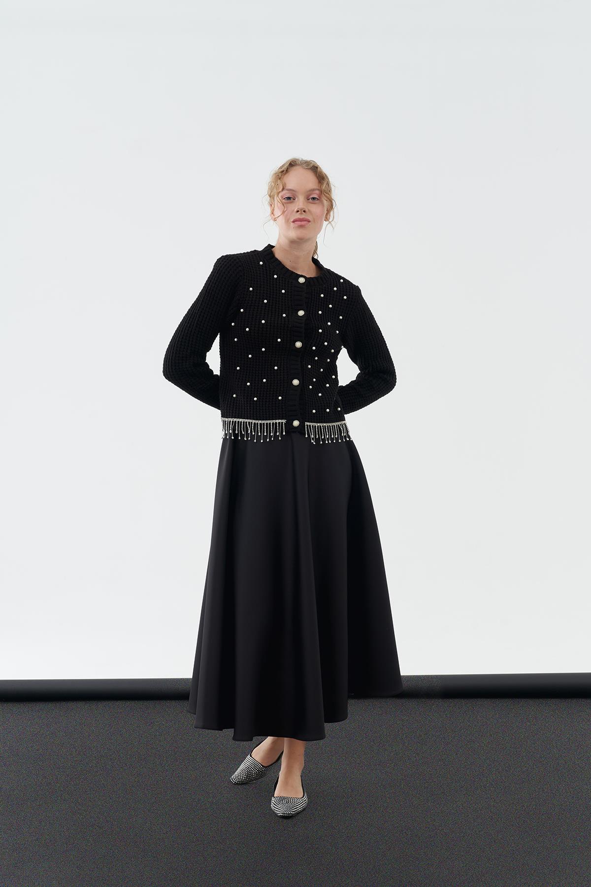 ALİCE SUNİ İNCİ DETAYLI TRİKO HIRKA- SİYAH