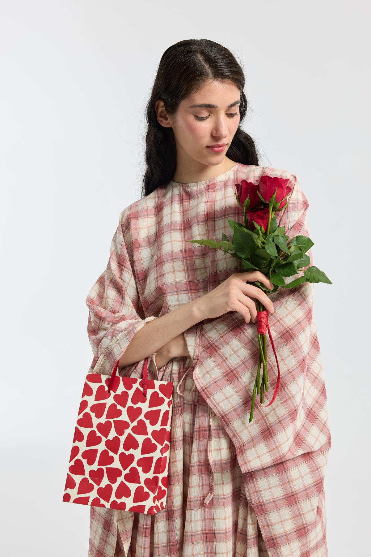 Amara Müslin Ekose Desenli Pelerin Takım - Kırmızı