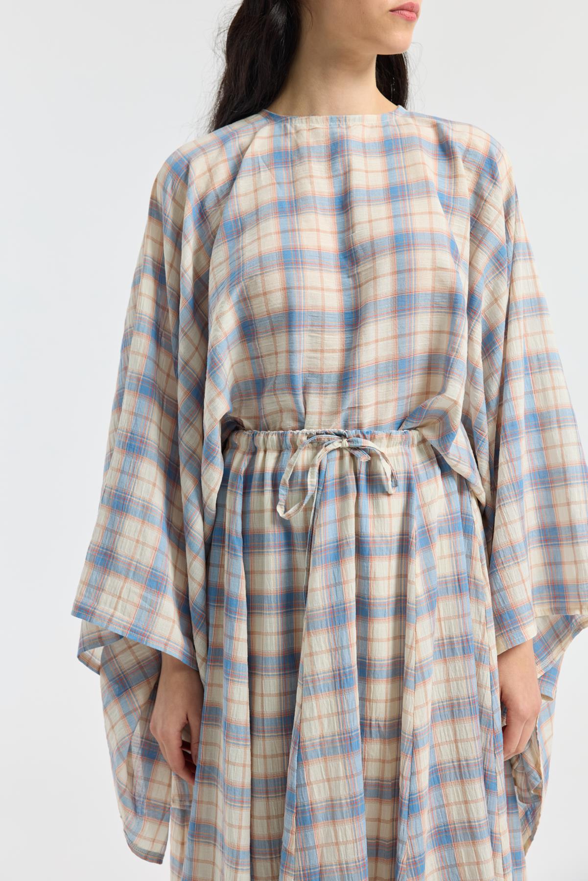 Amara Müslin Ekose Desenli Pelerin Takım - Mavi 