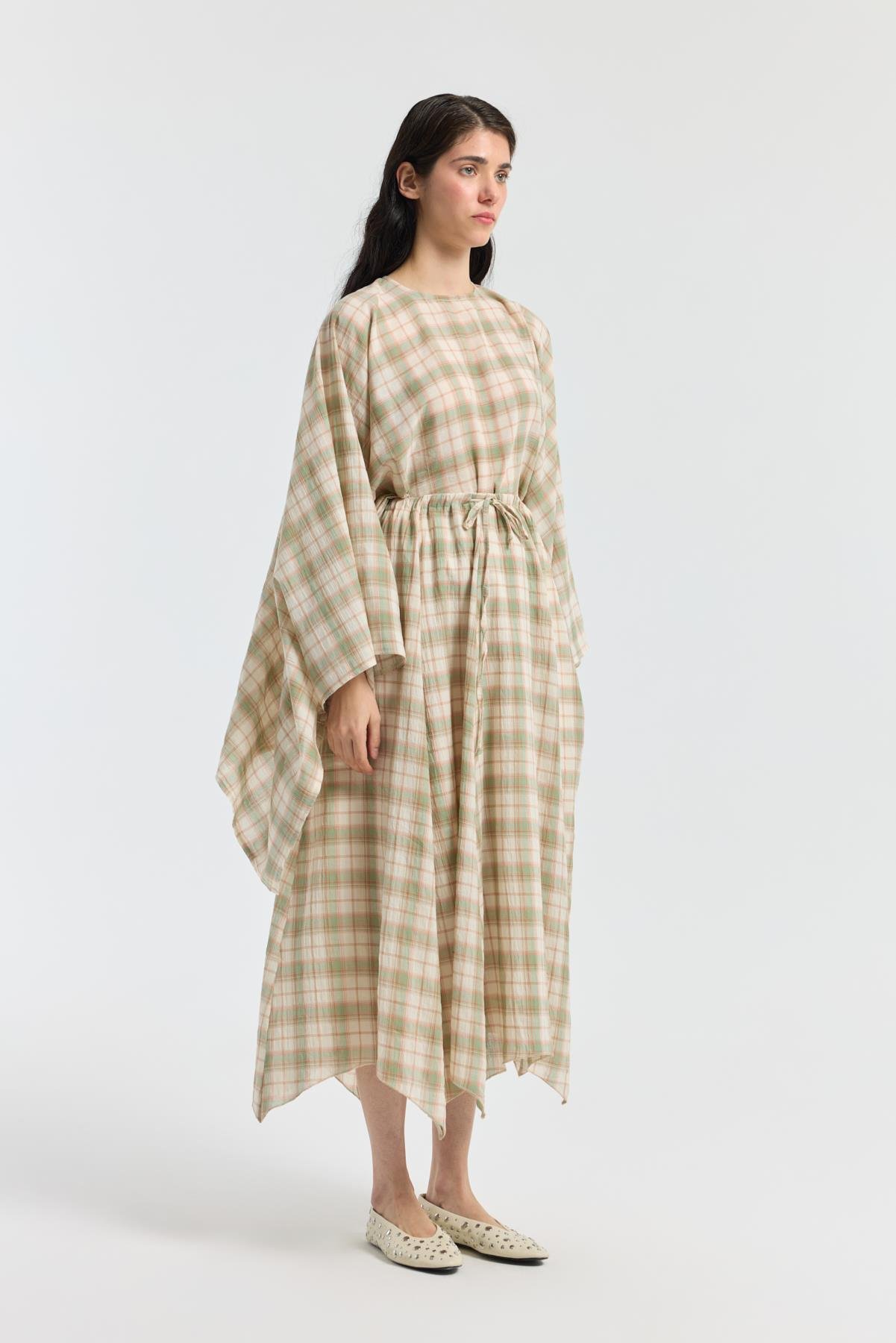 Amara Müslin Ekose Desenli Pelerin Takım - Çağla