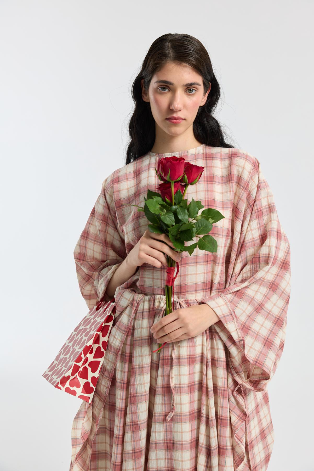 Amara Müslin Ekose Desenli Pelerin Takım - Kırmızı