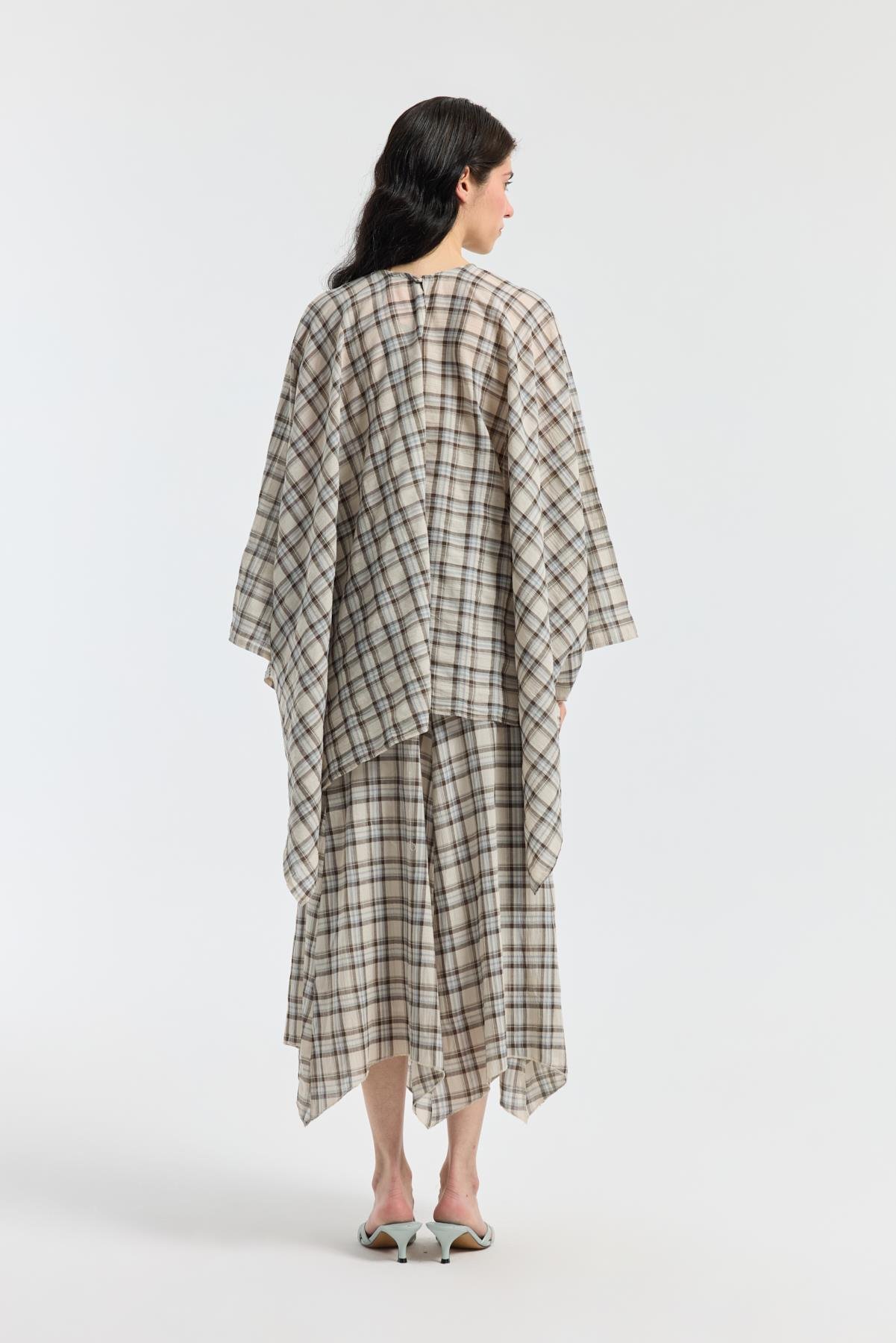 Amara Müslin Ekose Desenli Pelerin Takım - Bej