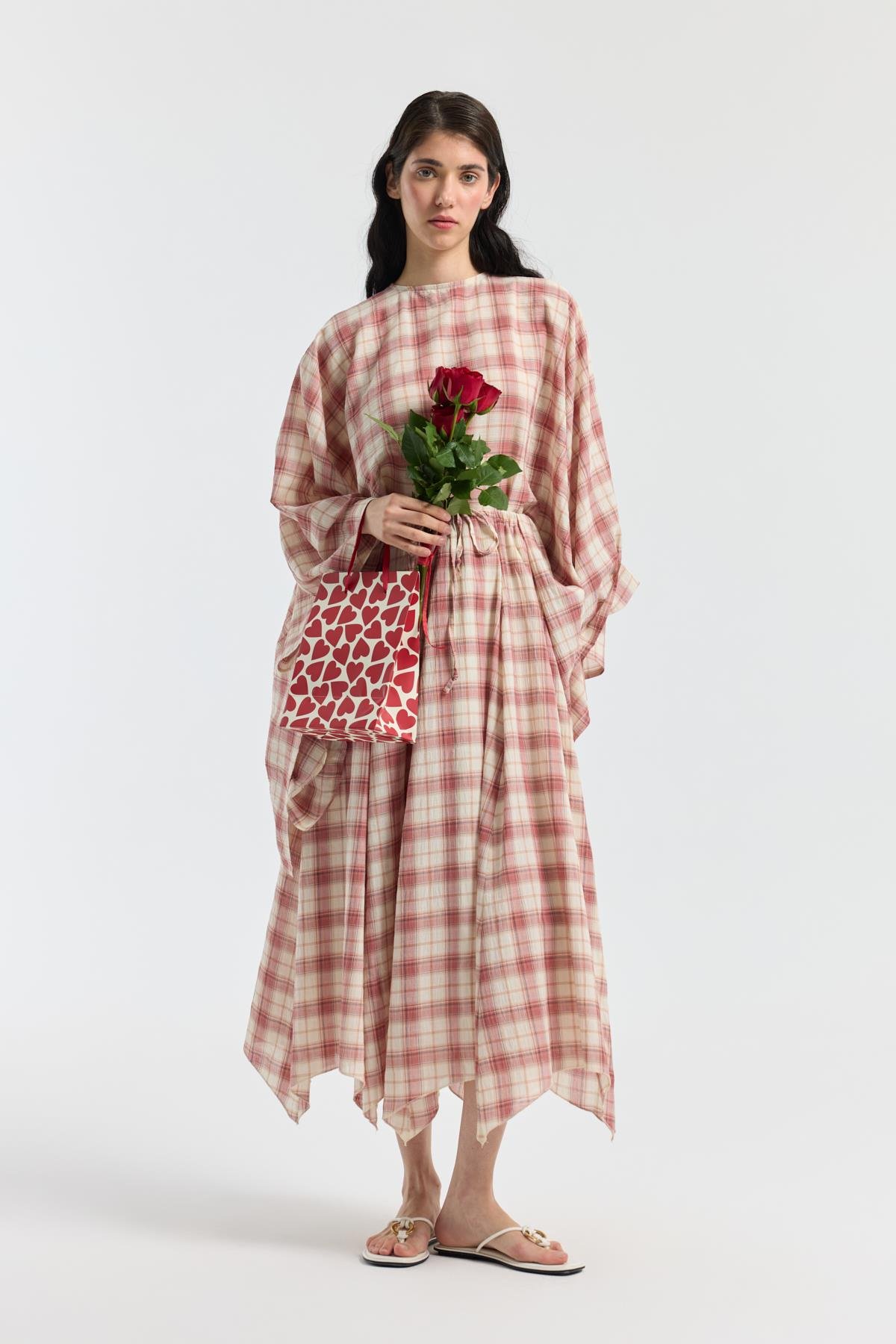 Amara Müslin Ekose Desenli Pelerin Takım - Kırmızı