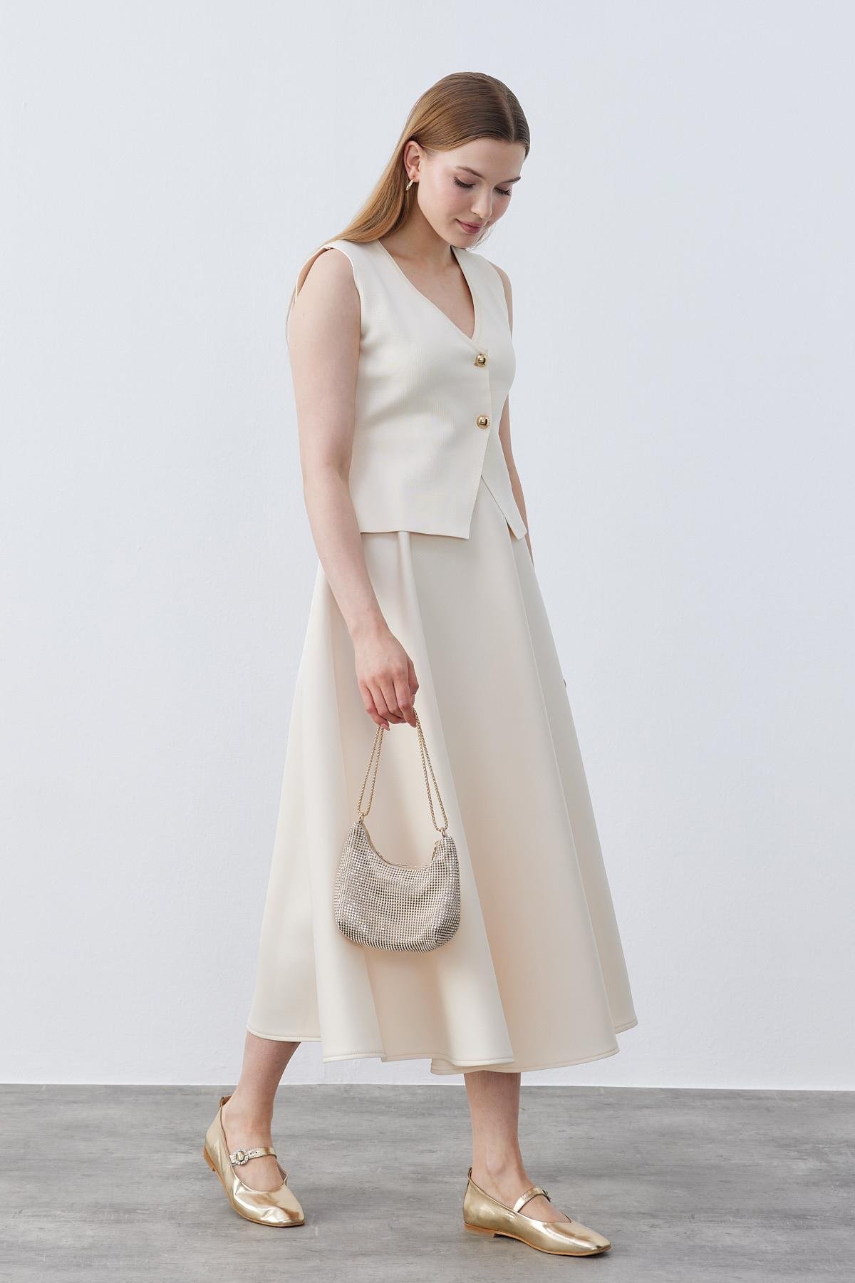 Anastasia Çelik Örme Gold Düğmeli Yelek - Krem