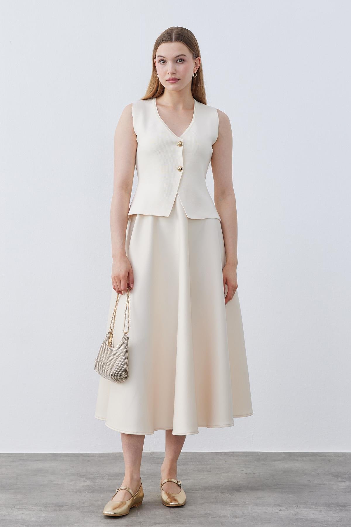 Anastasia Çelik Örme Gold Düğmeli Yelek - Krem