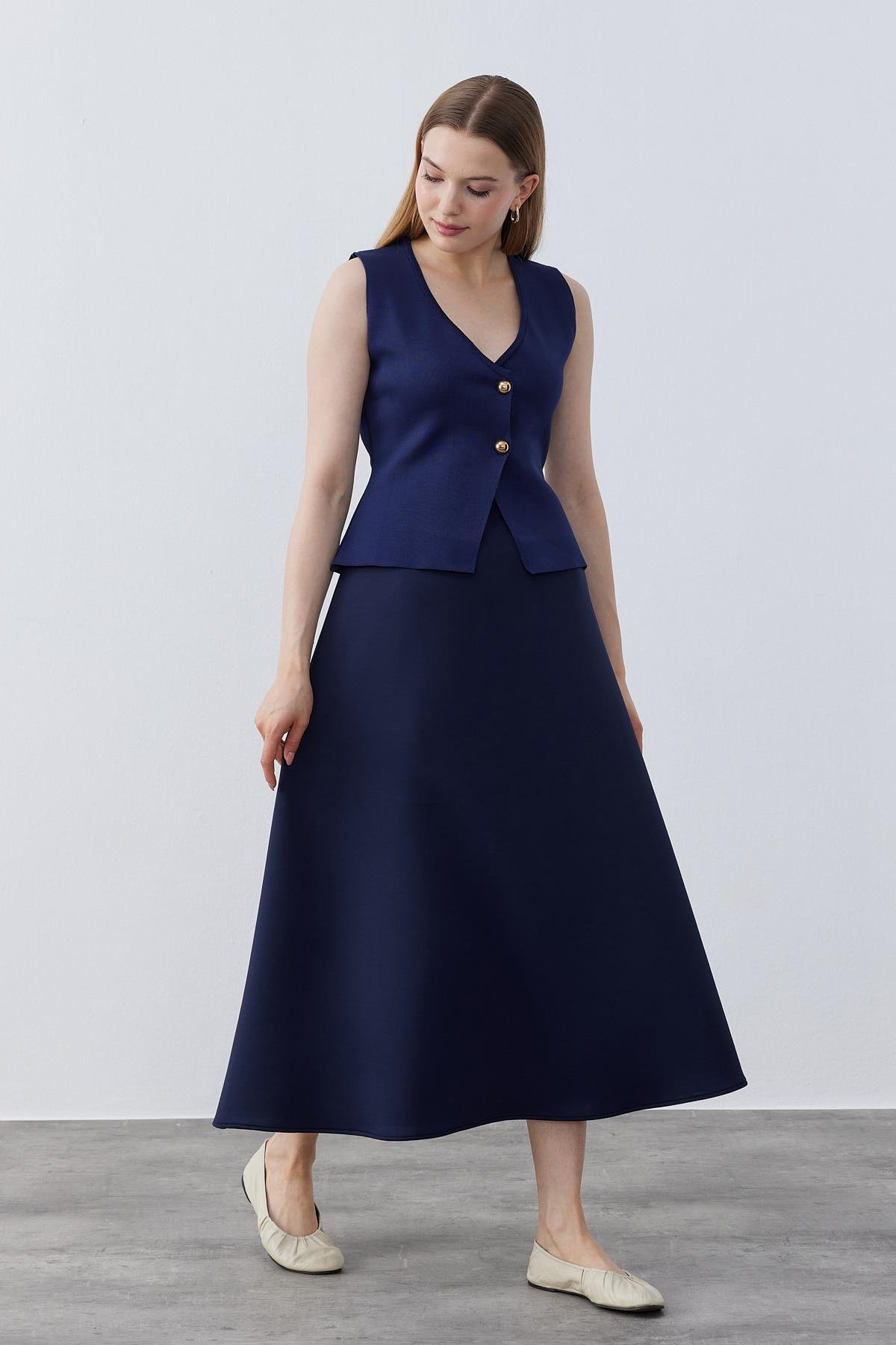 Anastasia Çelik Örme Gold Düğmeli Yelek - Lacivert