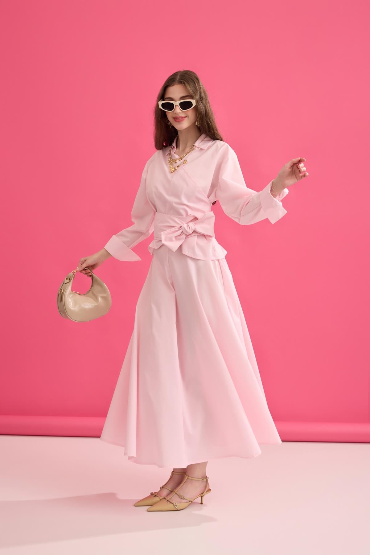 Anna Bağlamalı Poplin Takım - Pembe