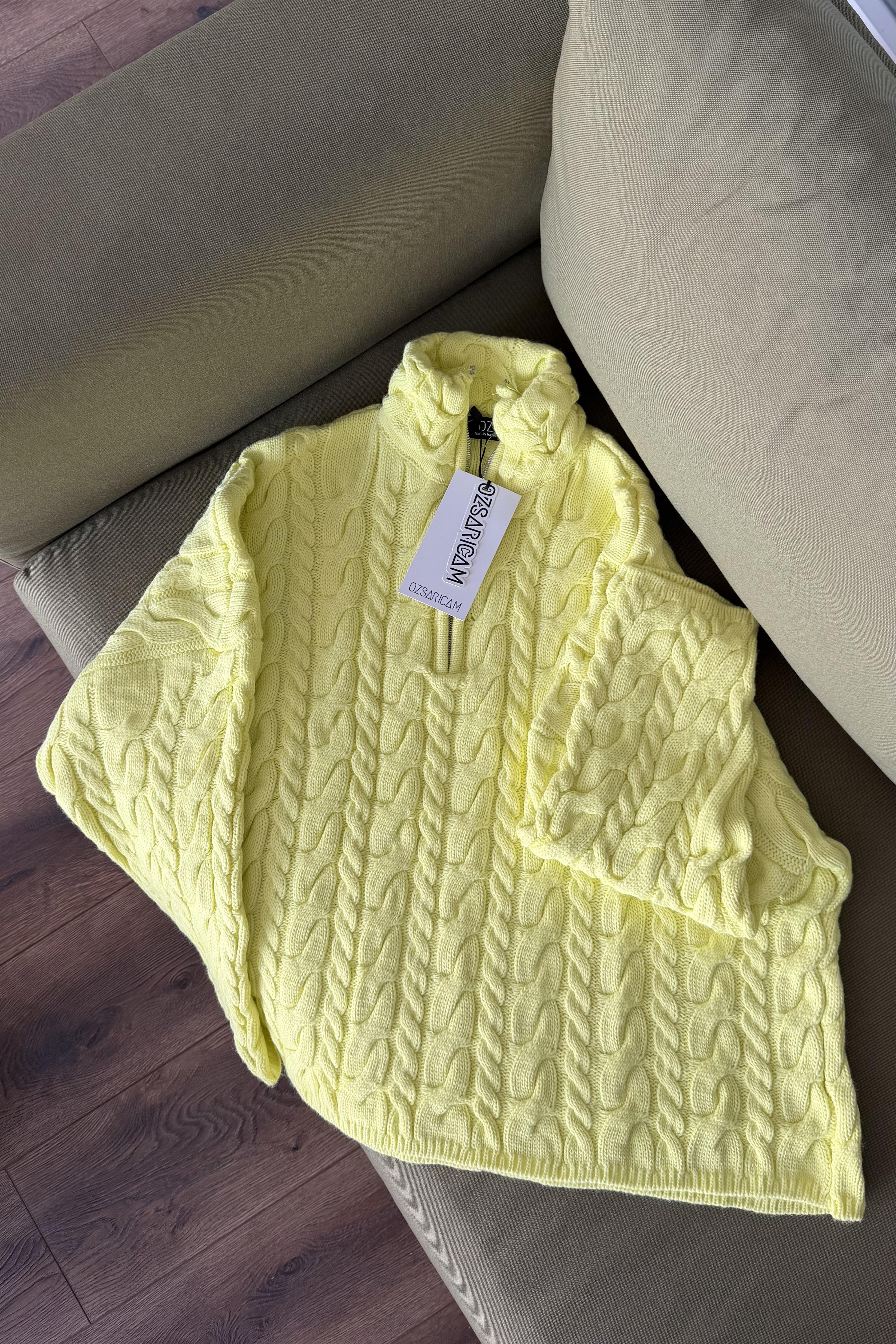 Ariana Saç Örgülü Fermuarlı Kazak - Limon Sarı