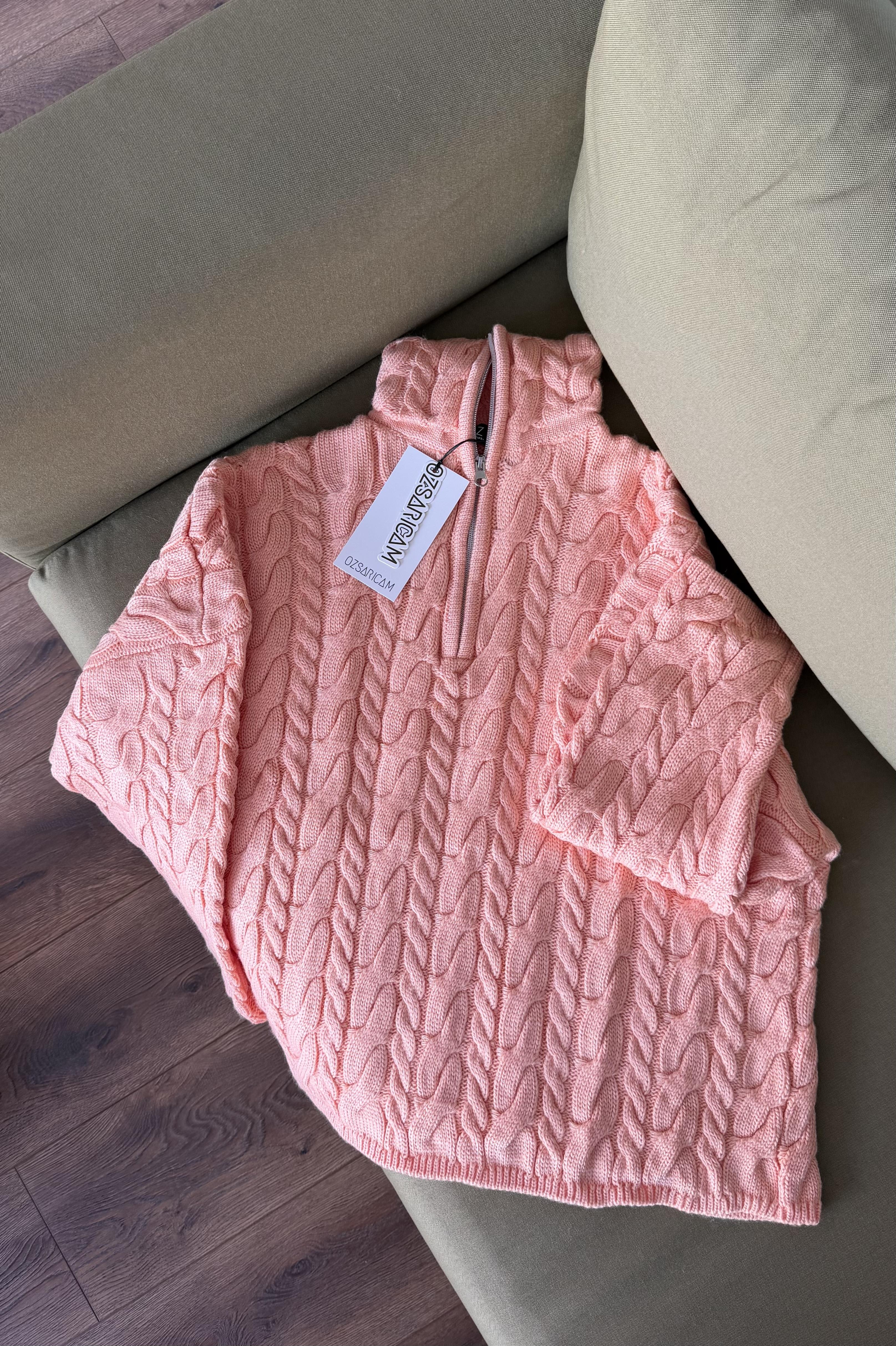 Ariana Saç Örgülü Fermuarlı Kazak- Somon