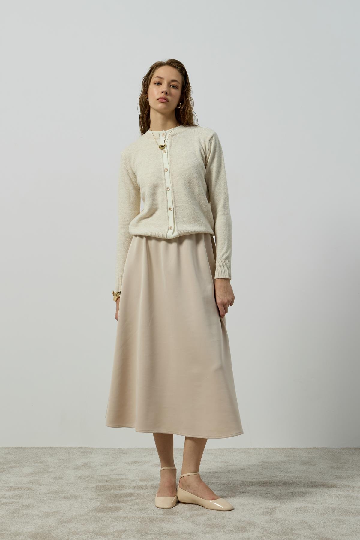 Arya Skuba Kloş Etek - Bej