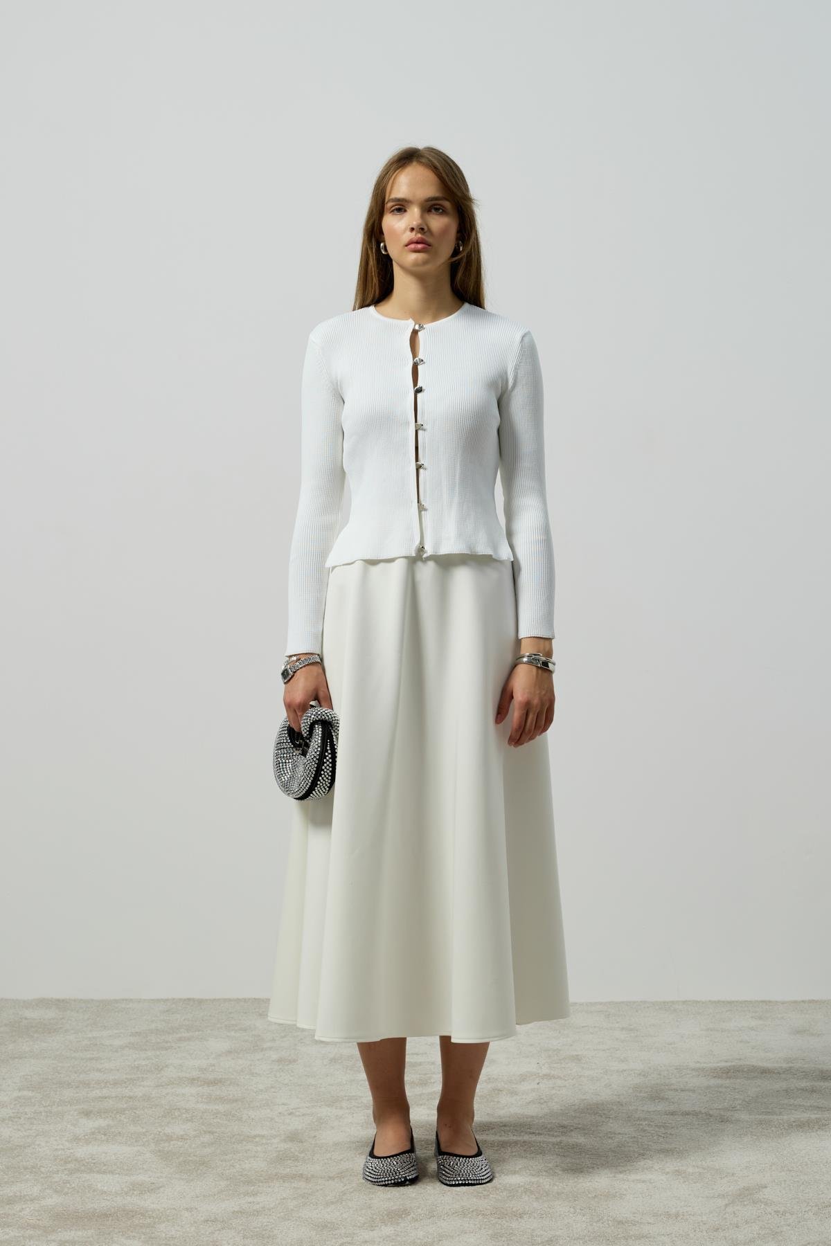 Arya Skuba Kloş Etek - Beyaz