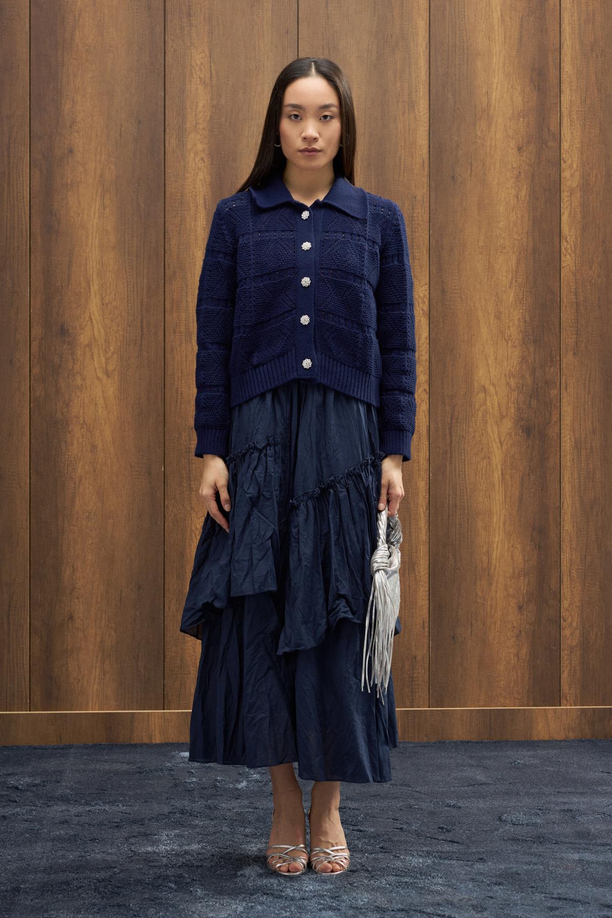 Azur Taşlı Düğmeli Hırka - Lacivert